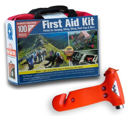 Ultra-Light & Small 100-Piece First Aid Kit in Durable Nylon Case w/ Bonus Emergency Auto Escape Tool! Kit is Ideal for the Car, Home, School, Camping, Hiking, Travel, Office, Sports, Hunting