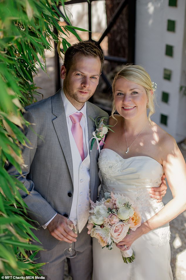 Rachel Molloy, 36, suffered from a ruptured splenic artery aneurysm - a rare complication of pregnancy- in the car park of the hospital at nine months pregnant. Pictured with her husband, Nick, on their wedding day in 2014