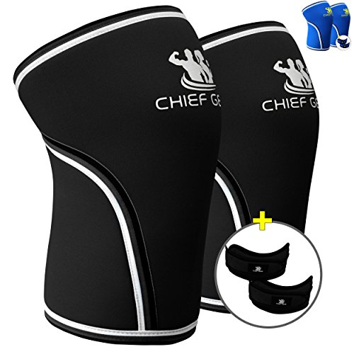Knee Sleeve Neoprene 7mm (1 Pair) with FREE Adjustable Patella Knee Brace (1 Pair) By Chief Gear - Knee Support, Protects Patella, Pain Relief for Weight Lifting, Gym - (BLACK Large)