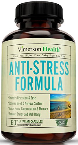 Stress Relief & Natural Anti Anxiety Supplement by Vimerson Health. Herbal Blend with Biotin, 5-HTP, Valerian, Lutein, Vitamins B1 B2 B5 B6, L-Theanine, St Johns Wort, Ashwagandha, Chamomile, Niacin