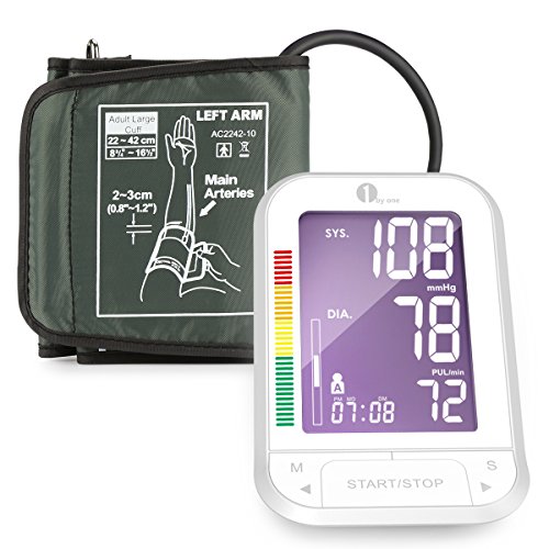 1byone Upper Arm Digital Blood Pressure Monitor Blood Pressure Cuff with Easy-to-Read Backlit LCD, Blood Pressure Machine One Size Fits All Cuff, Sphygmomanometer Nylon Storage Case, White