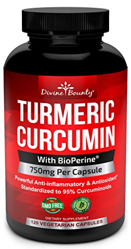 Turmeric Curcumin with BioPerine Black Pepper Extract - 750mg per Capsule, 120 Veg. Capsules - GMO Free Tumeric, Standardized to 95% Curcuminoids for Maximum Potency