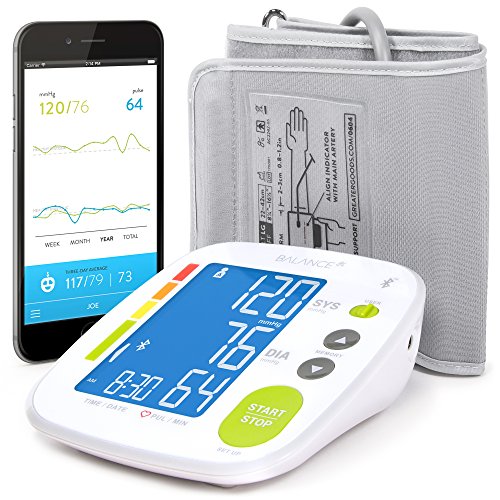 Balance Bluetooth Blood Pressure Monitor with Upper Arm Cuff, Digital Smart BP Meter With Large Display, Set also comes with Tubing and Device Bag