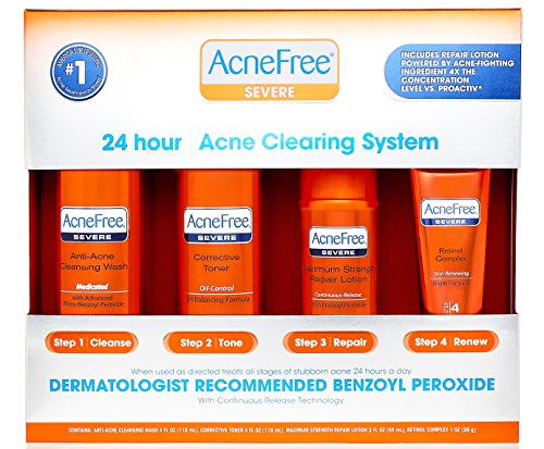 AcneFree 4 Step Severe Acne Treatment Kit with Benzoyl Peroxide Acne Face Wash, Toner, Benzoyl Peroxide 10% Lotion for Acne Spot Treatment, Retinol PM Complex (60 Day)