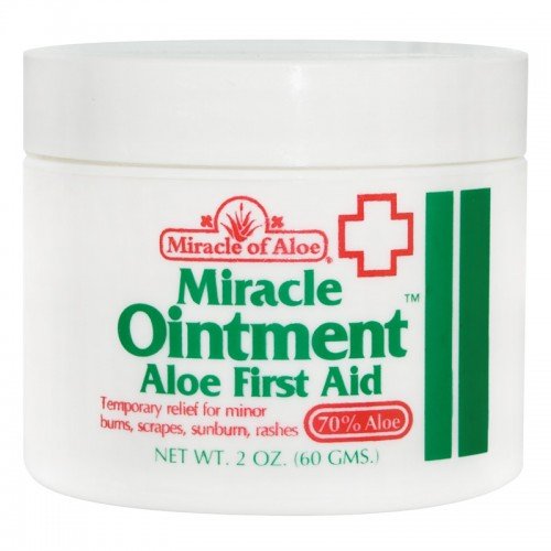 Miracle of Aloe Miracle Ointment Aloe First Aid Cream 2 Oz. For Cuts, Scrapes, Insects, Bites, Poison Ivy and Burns with Lotion Skin Repair Cream Non scaring. No Medicine Cabinet Should Be Without It, Helps Speed Healing and Reduce Scarring. It's Like Having a Live Aloe Plaint in a Jar. Fast Cooling Soothing Relief. Repairs Wounds Fast.