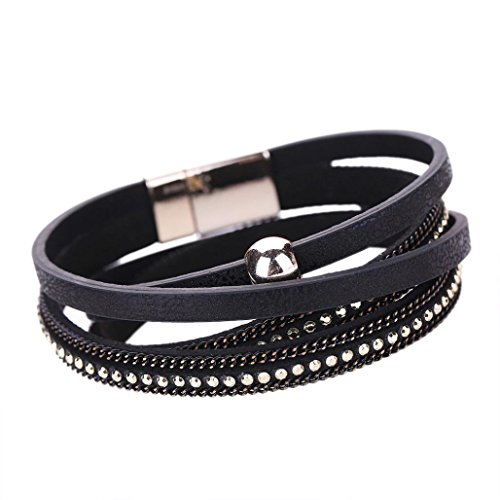 Willsa Women Fashion Bohemian Woven Braided Handmade Magnetic Clasp Bracelet (Black)