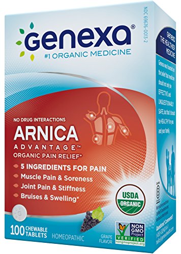 Genexa Arnica Pain Relief: Certified Organic, Homeopathic, Physician Formulated, Natural, Non-GMO Verified. Pain Reliever for Muscle, Joint & Back Pain, Swelling, Bruising (100 Chewable Tablets)