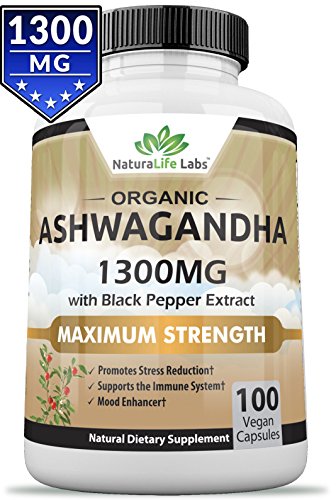 Organic Ashwagandha 1300mg - 100 vegan capsules Pure Organic Ashwagandha root extract and powder - Natural Anxiety Relief, Mood Enhancer, Immune & Thyroid Support, Anti Anxiety