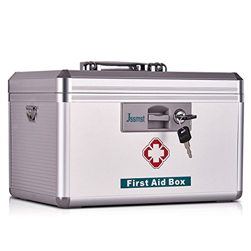 Jssmst Medical Box with Lock - First Aid Box Emergency Medicine Case with Drugs Storage, 15.35 x 9.05 x 8.66 Inches, Silver (MC17023)
