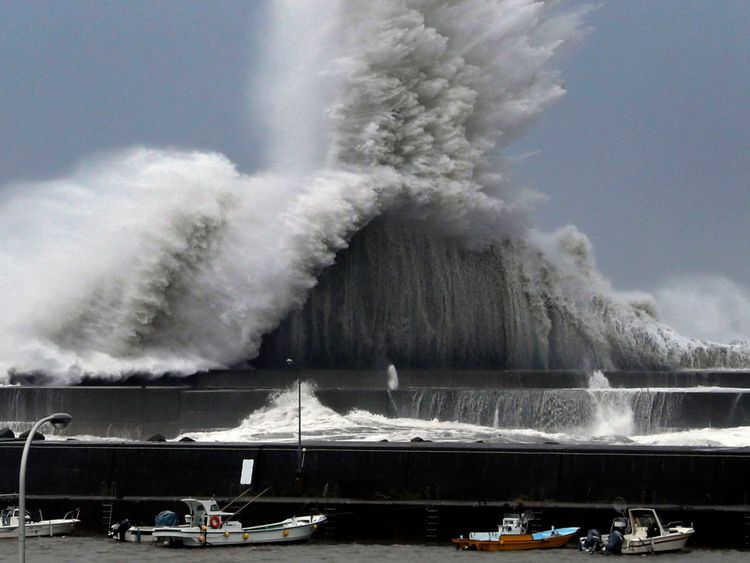 High waves hit breakwaters at a port of Aki, Kochi prefecture, Japan