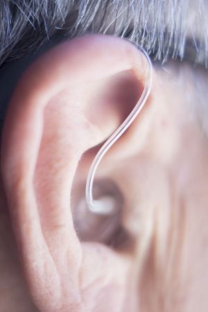 close-up of hearing aids in the ear