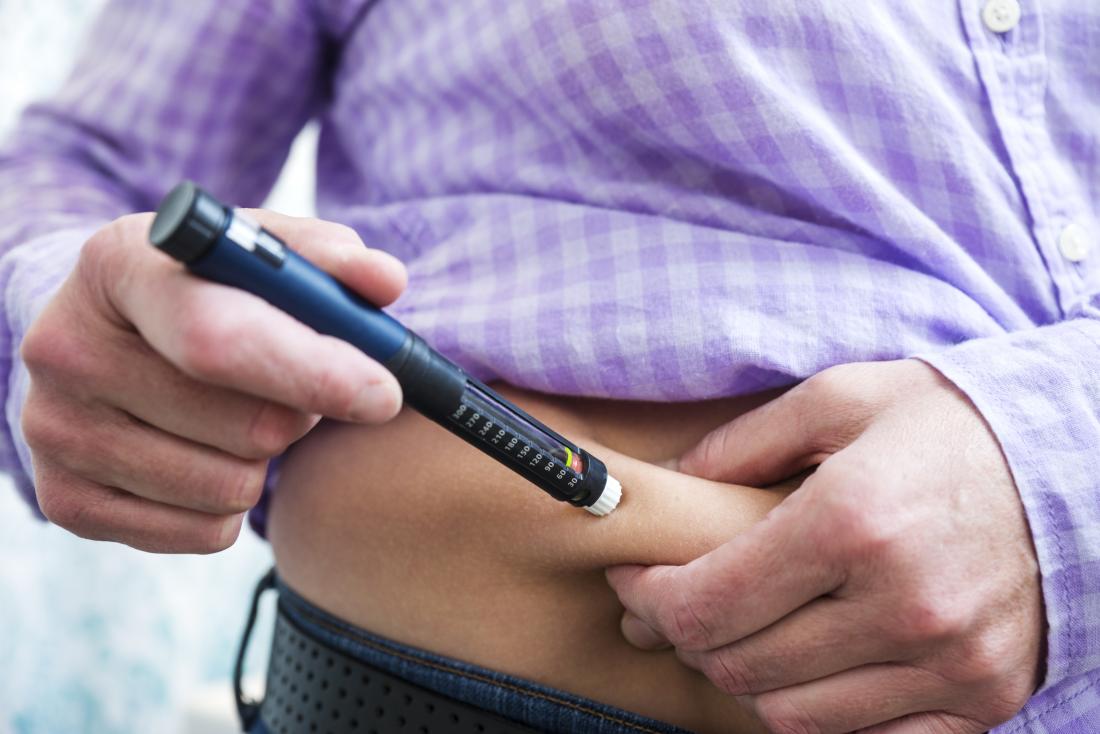 Diabetic person applying insulin injection to stomach