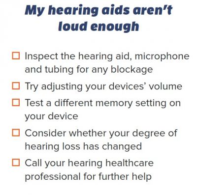 Checklist for "My hearing aids aren't loud enough" from troubleshooting handout