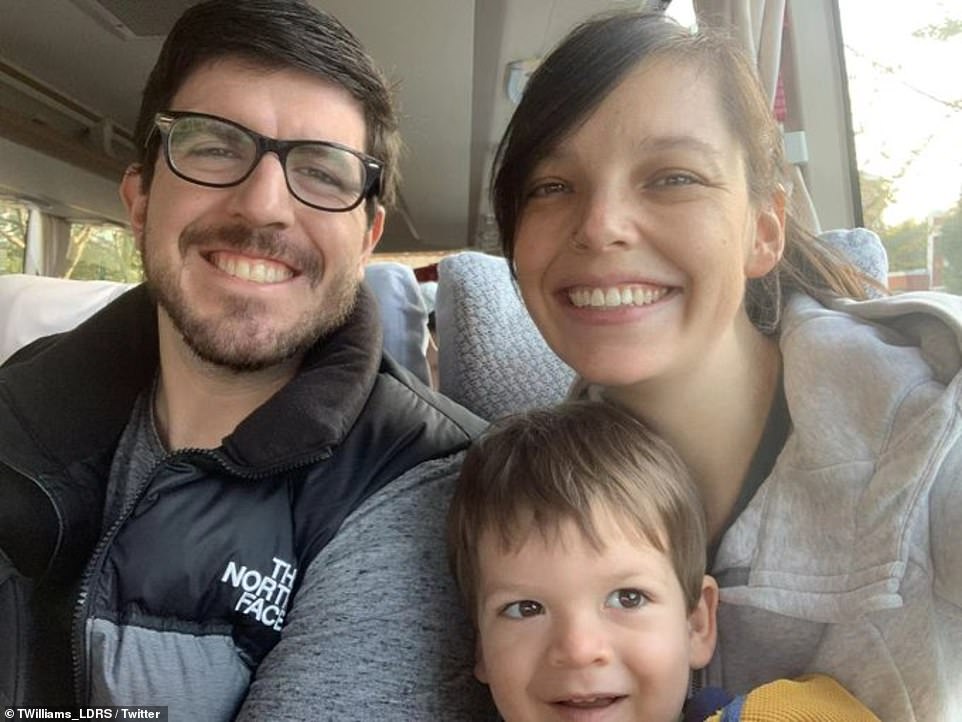 In a desperate plea for help, Tom Williams published on open letter on Twitter to say: 'I just want to try and share our story so I can try and get my wife, son and unborn child safely out of the city (pictured with his wife Lauren and son James)