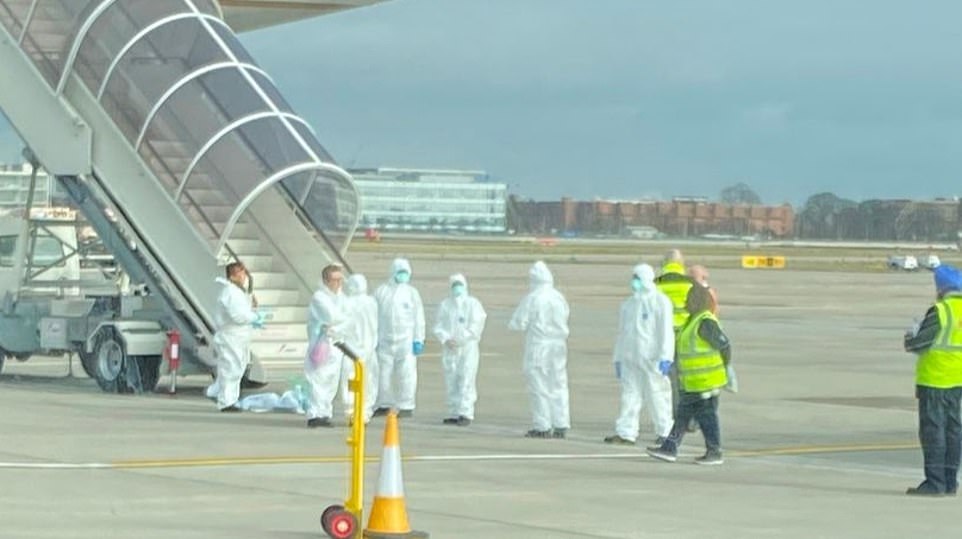 Passengers on United Airlines Flight 901 were told by the captain to remain in their seats after landing at Heathrow Airport on Friday morning because someone might have the contagious infection, which is now named SARS-CoV-2. The flight was met with staff in hazmat suits