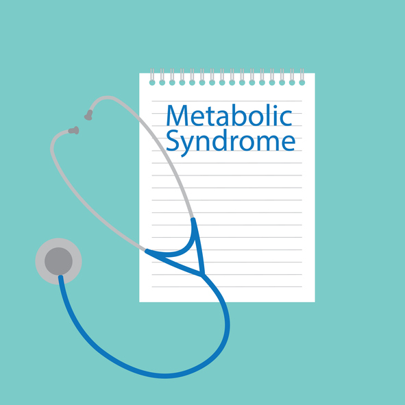 Metabolic syndrome written on a notebook page with a stethoscope on top