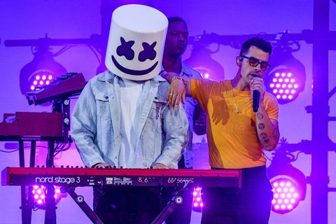 los angeles, california   may 23 l r marshmello and joe jonas of jonas brothers performs onstage for the 2021 billboard music awards, broadcast on may 23, 2021 at microsoft theater in los angeles, california photo by kevin mazurgetty images